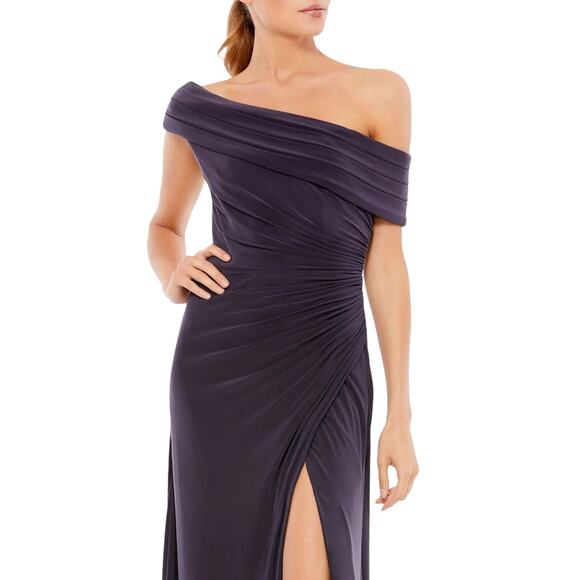 Mac Duggal NWT Foldover Ruched Jersey Off-The-Shoulder Slit Gown Sz 12 Charcoal - Picture 2 of 9